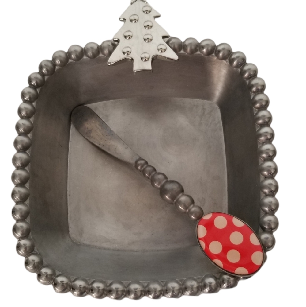 Mud Pie silver metal Christmas Tree dip cup set polka dot spreader